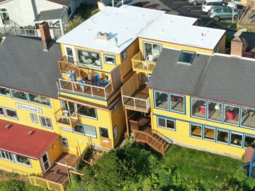 An arial view of the inn shows all of the west, ocean facing windows plus decks and patios.